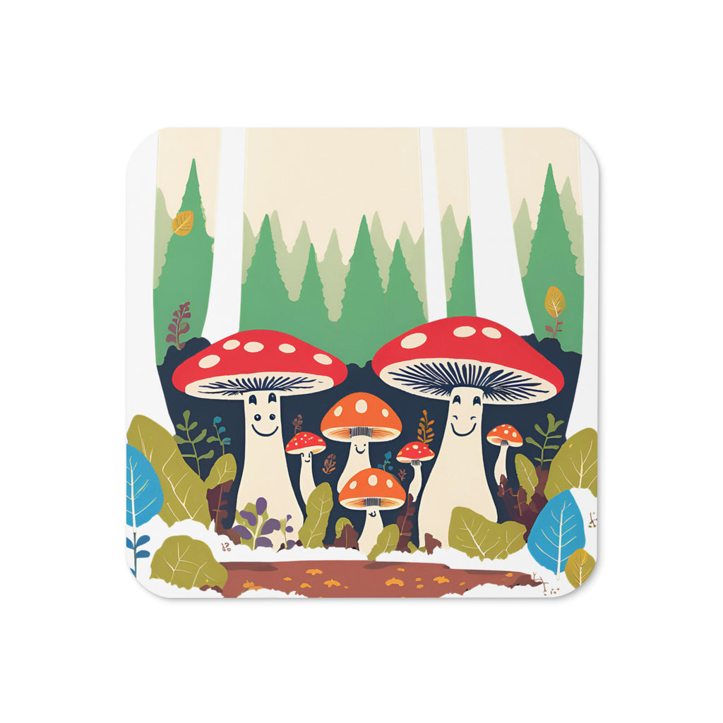 Smiling Mushroom Forest Cork-back Coaster - Durable & Charming